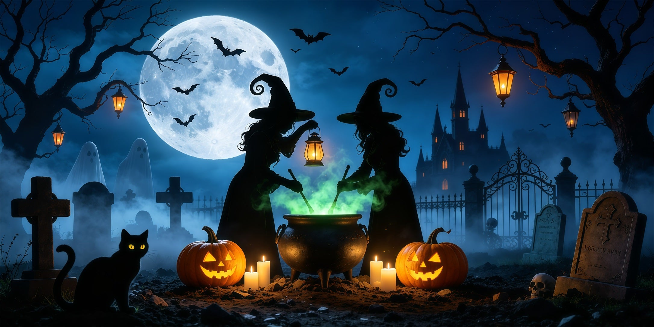 Witch Halloween Garage Door Cover Moonlit Cauldron Graveyard Two Car Garage Door Halloween Cover GQ68-5-2 car