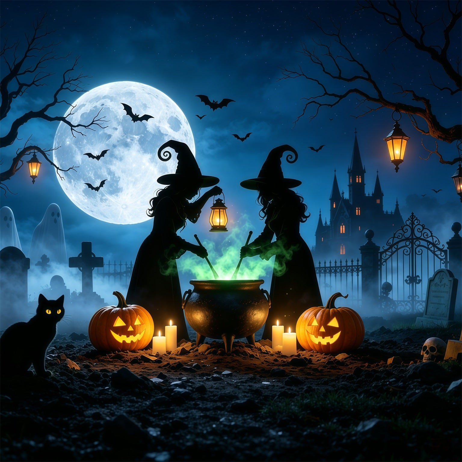 Witch Halloween Garage Door Cover Moonlit Cauldron Graveyard Two Car Garage Door Halloween Cover GQ68-5-1 car