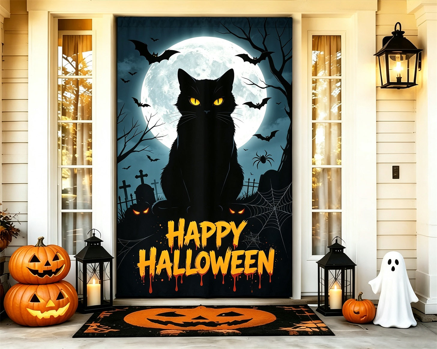 Black Cat Moon Door Moonlit Graveyard Tombstone Halloween Front Door Cover GQ68-50