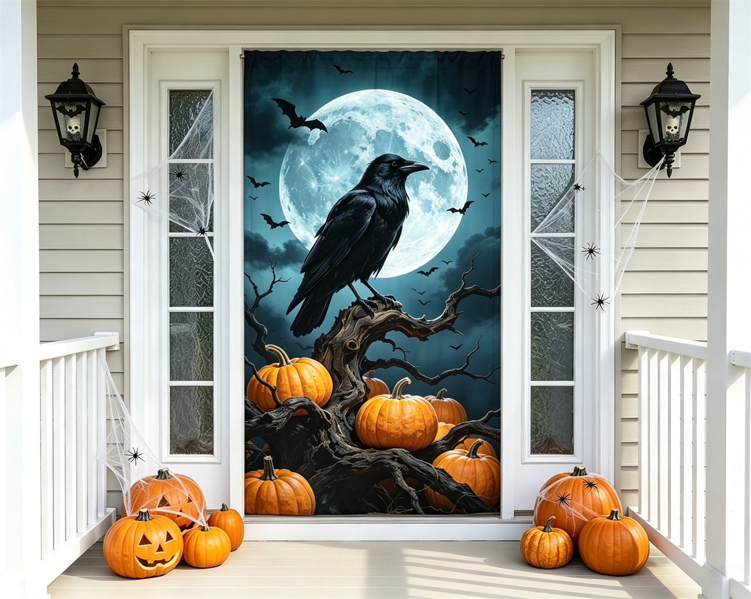Raven Moon Door Pumpkin Moonlight Tree Outdoor Halloween Door Banner GQ68-55