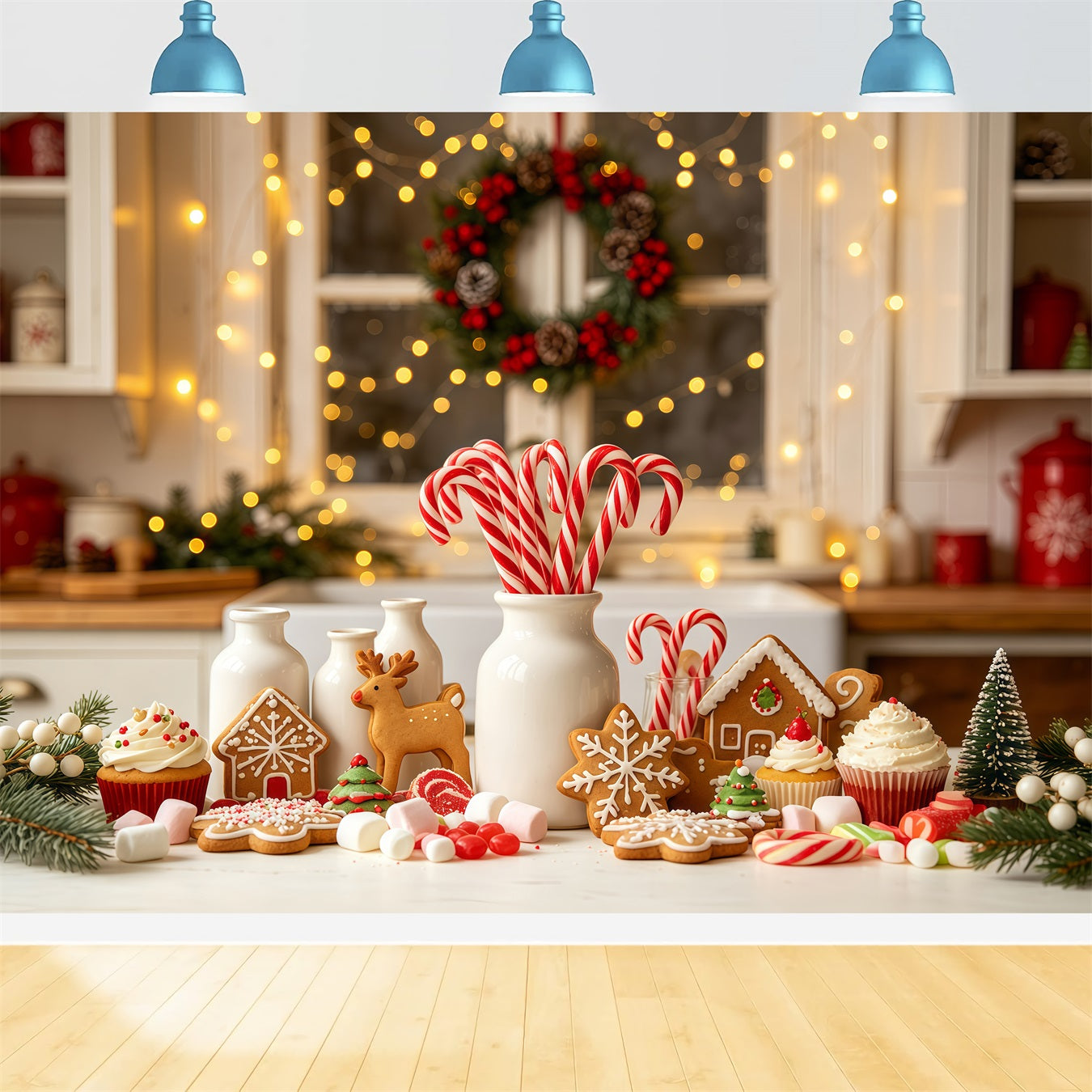 Christmas Kitchen Backdrop Candy Bakery Gingerbread Decor Photography Backdrops Christmas GQ68-56