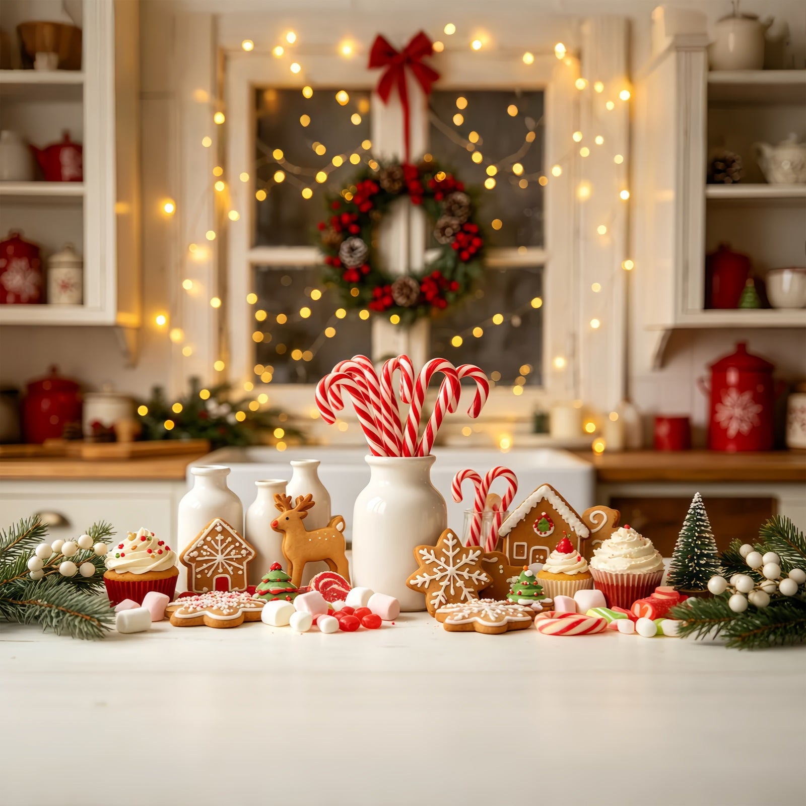 Christmas Kitchen Backdrop Candy Bakery Gingerbread Decor Photography Backdrops Christmas GQ68-56