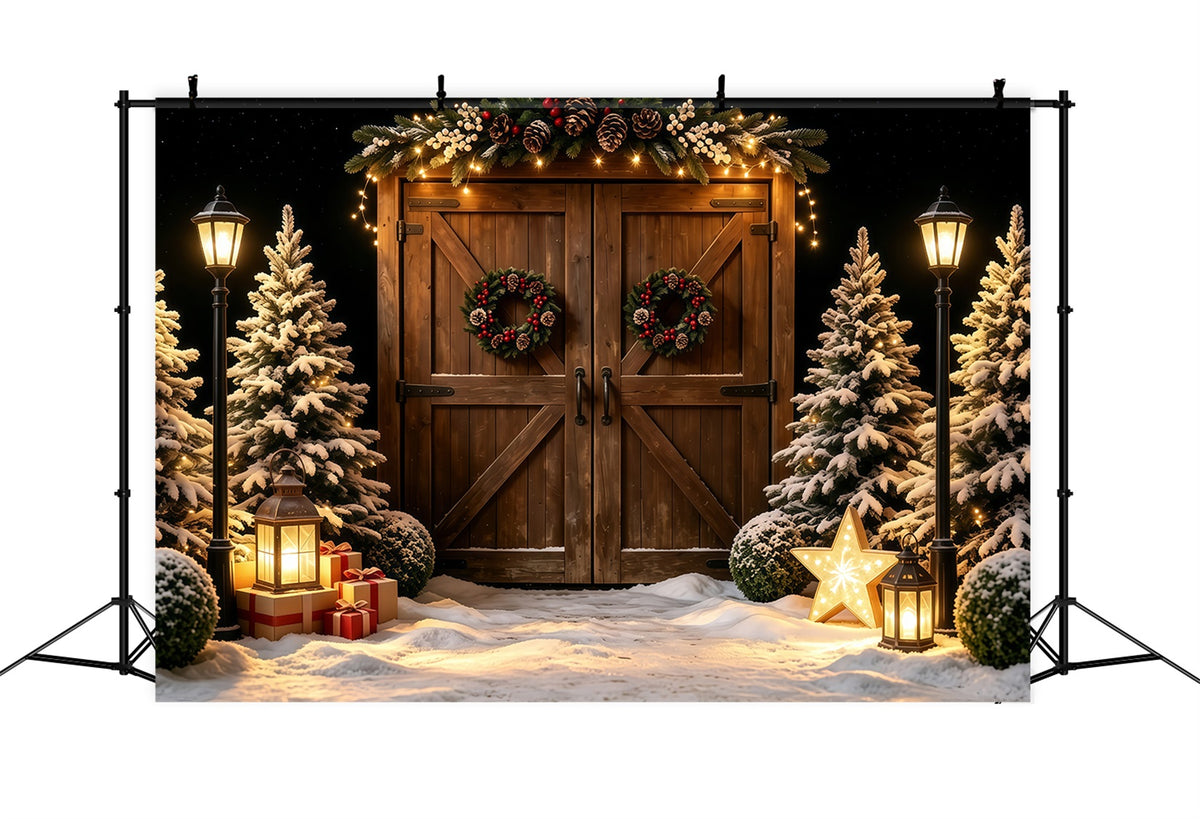 Christmas Barn Backdrop Snowy Wood Door Lantern Glow Photo Backdrops Christmas GQ68-57