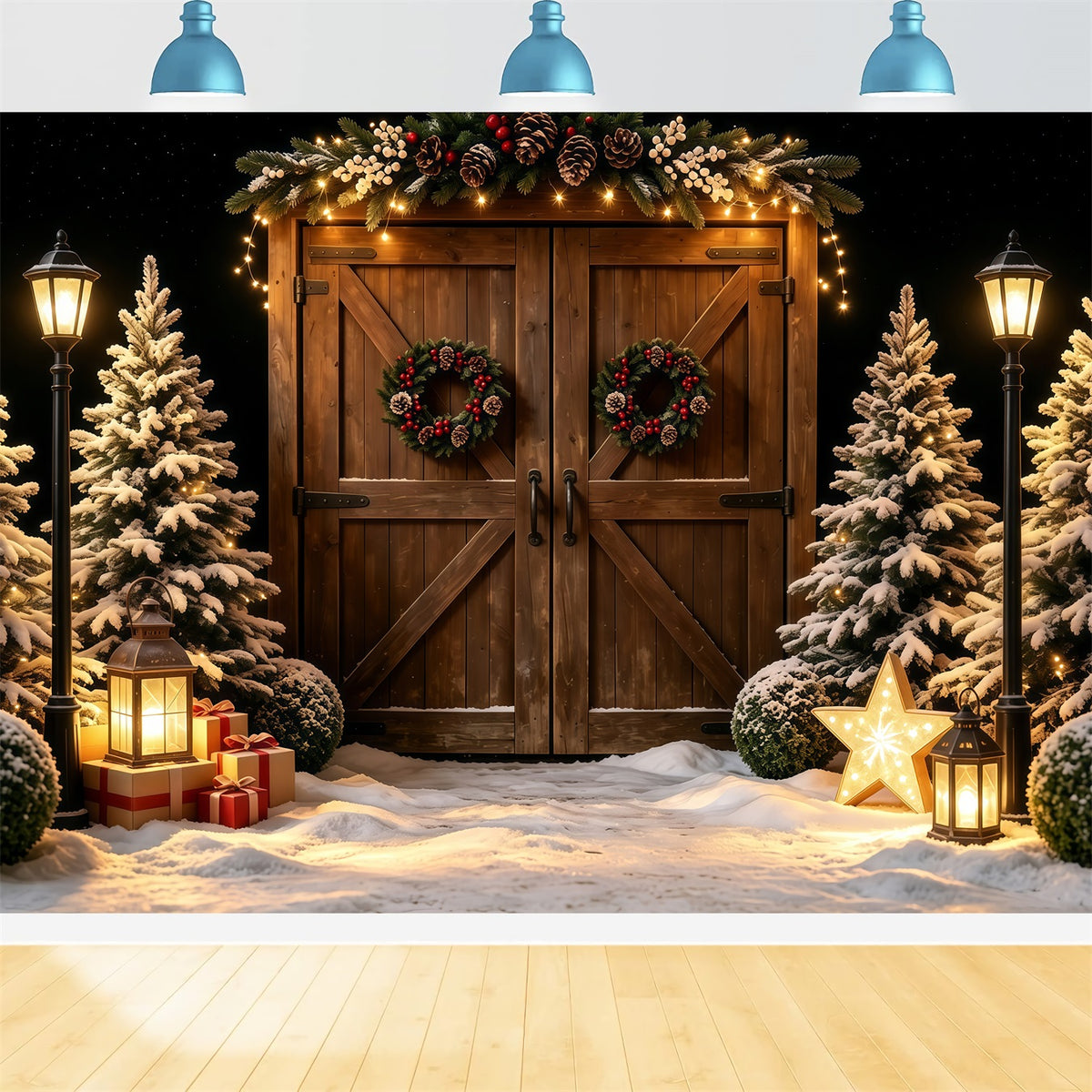 Christmas Barn Backdrop Snowy Wood Door Lantern Glow Photo Backdrops Christmas GQ68-57