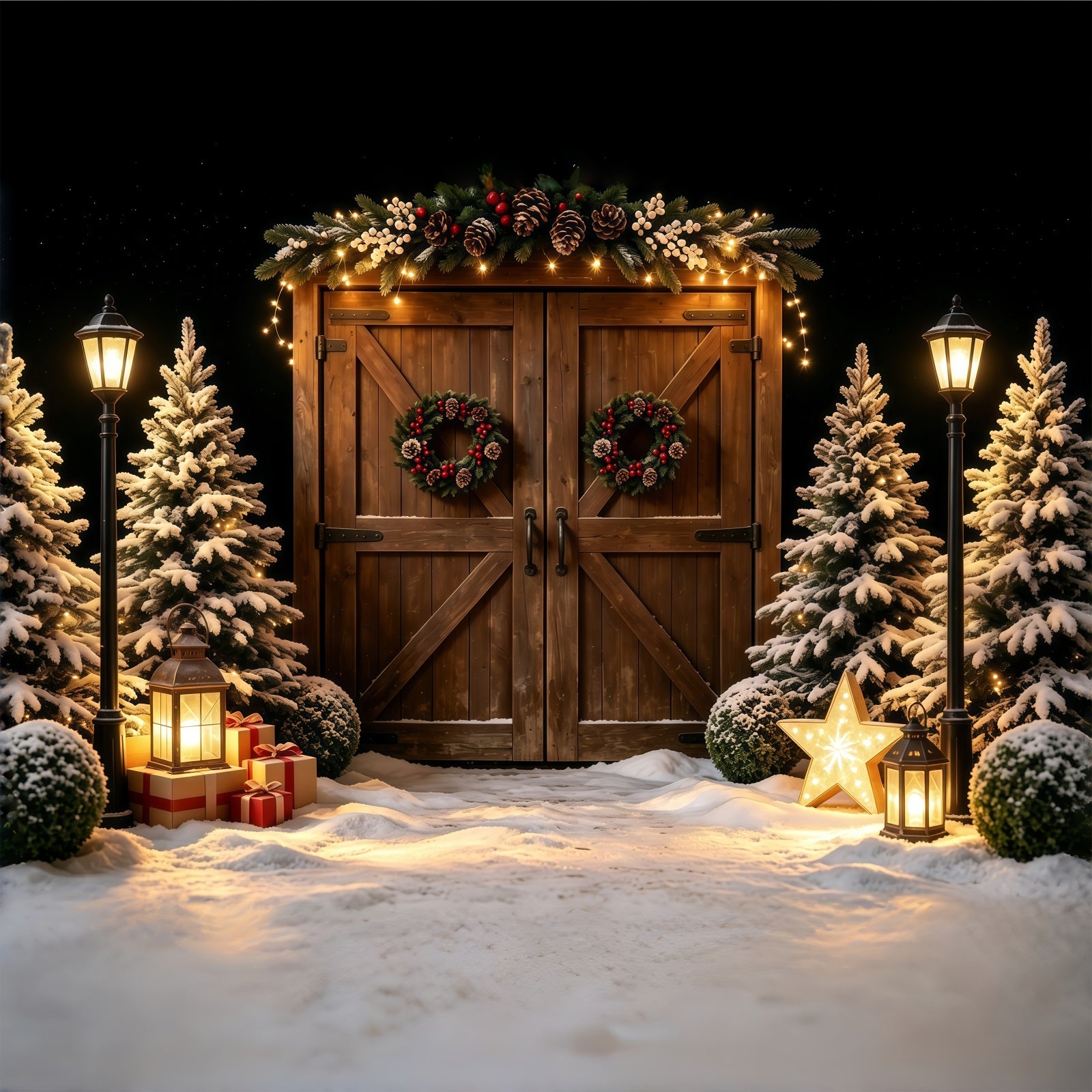 Christmas Barn Backdrop Snowy Wood Door Lantern Glow Photo Backdrops Christmas GQ68-57