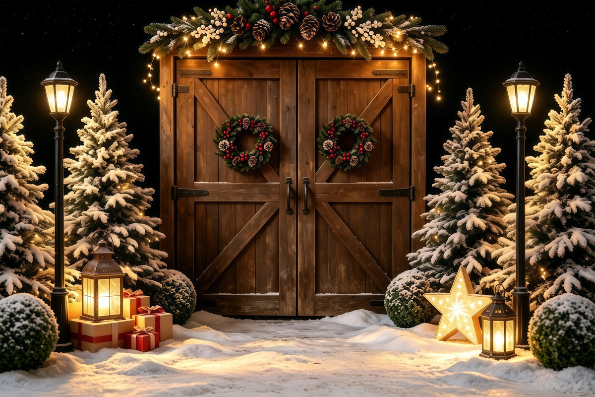 Christmas Barn Backdrop Snowy Wood Door Lantern Glow Photo Backdrops Christmas GQ68-57