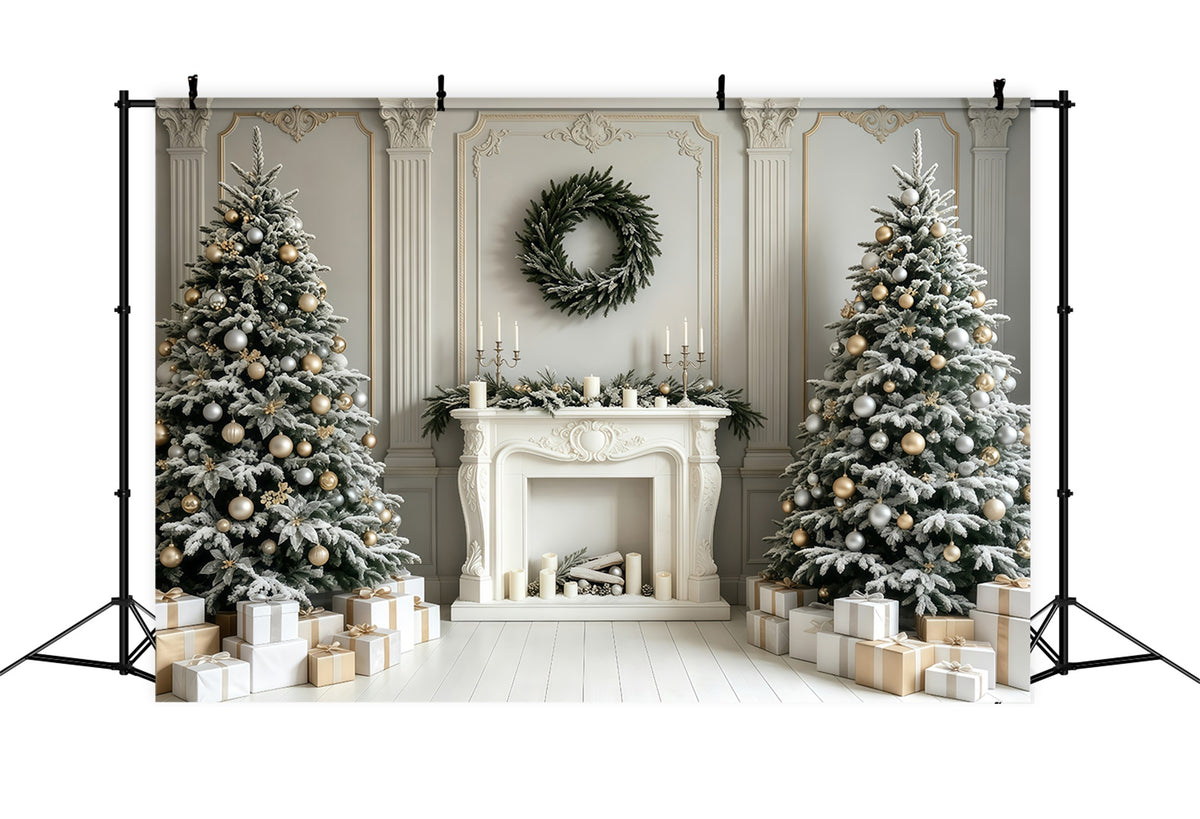 Christmas Fireplace Backdrop White Retro Wall Trees Christmas Studio Backdrop GQ68-59