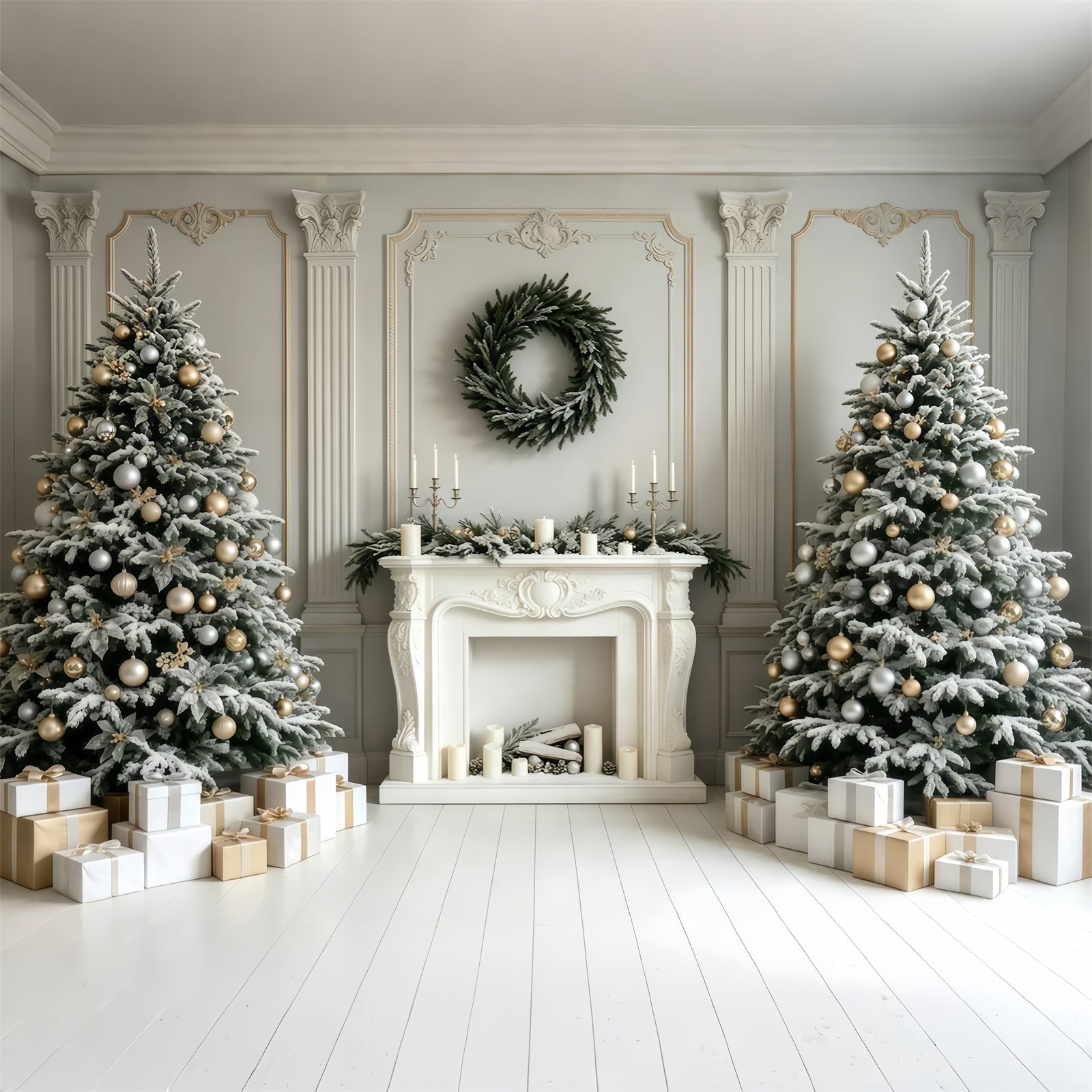 Christmas Fireplace Backdrop White Retro Wall Trees Christmas Studio Backdrop GQ68-59