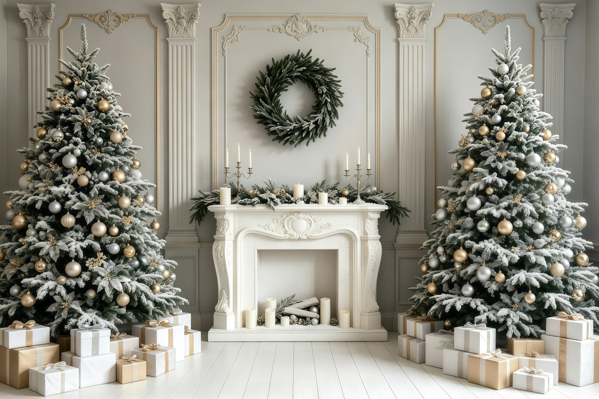 Christmas Fireplace Backdrop White Retro Wall Trees Christmas Studio Backdrop GQ68-59