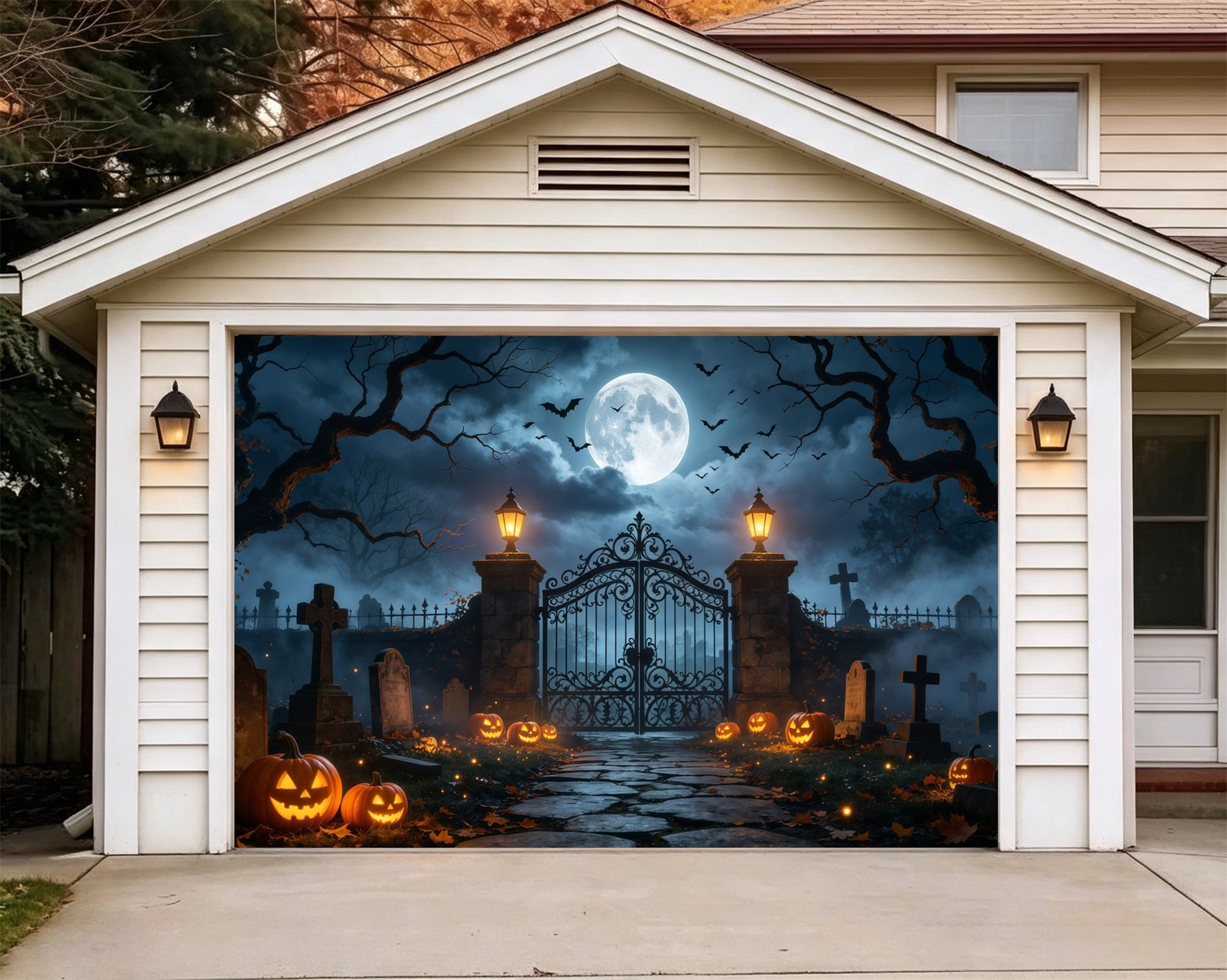 Haunted House Garage Door Cover Moonlit Pumpkin Cemetery Gate Single Garage Door Halloween Cover GQ68-6-1 car