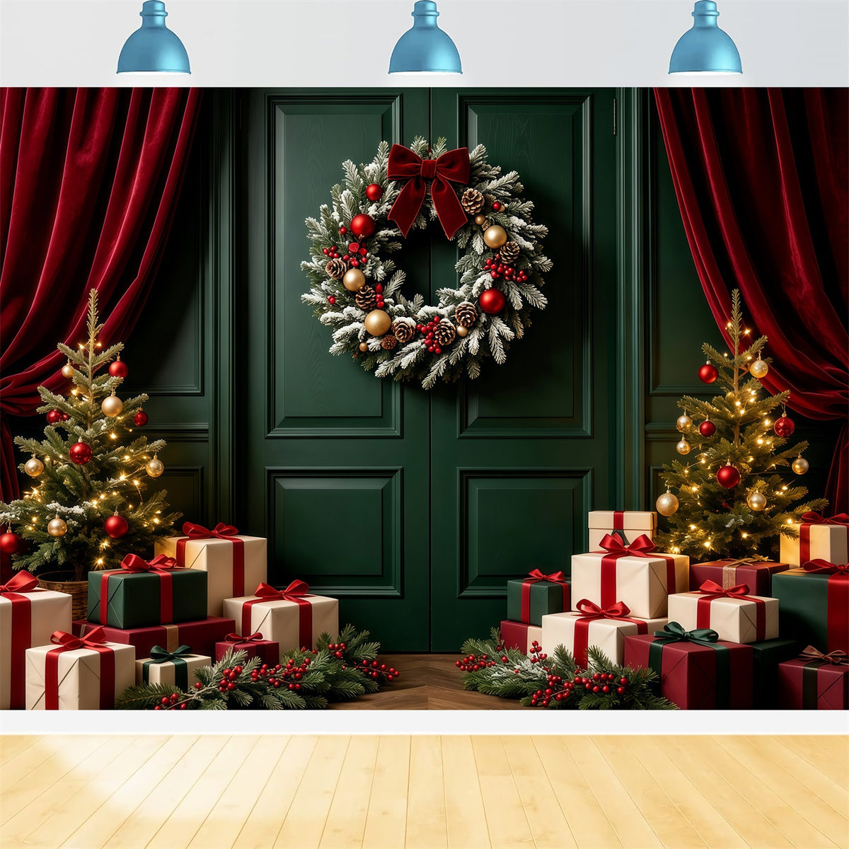 Green Christmas Backdrop Door Wreath Gift Display Photography Backdrop Christmas GQ68-60