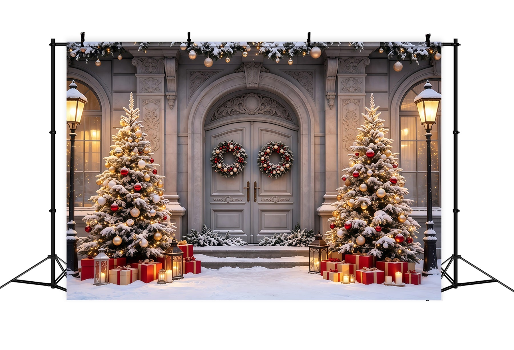 Christmas House Backdrop Snowy Mansion Doorway Trees Indoor Christmas Backdrop GQ68-61