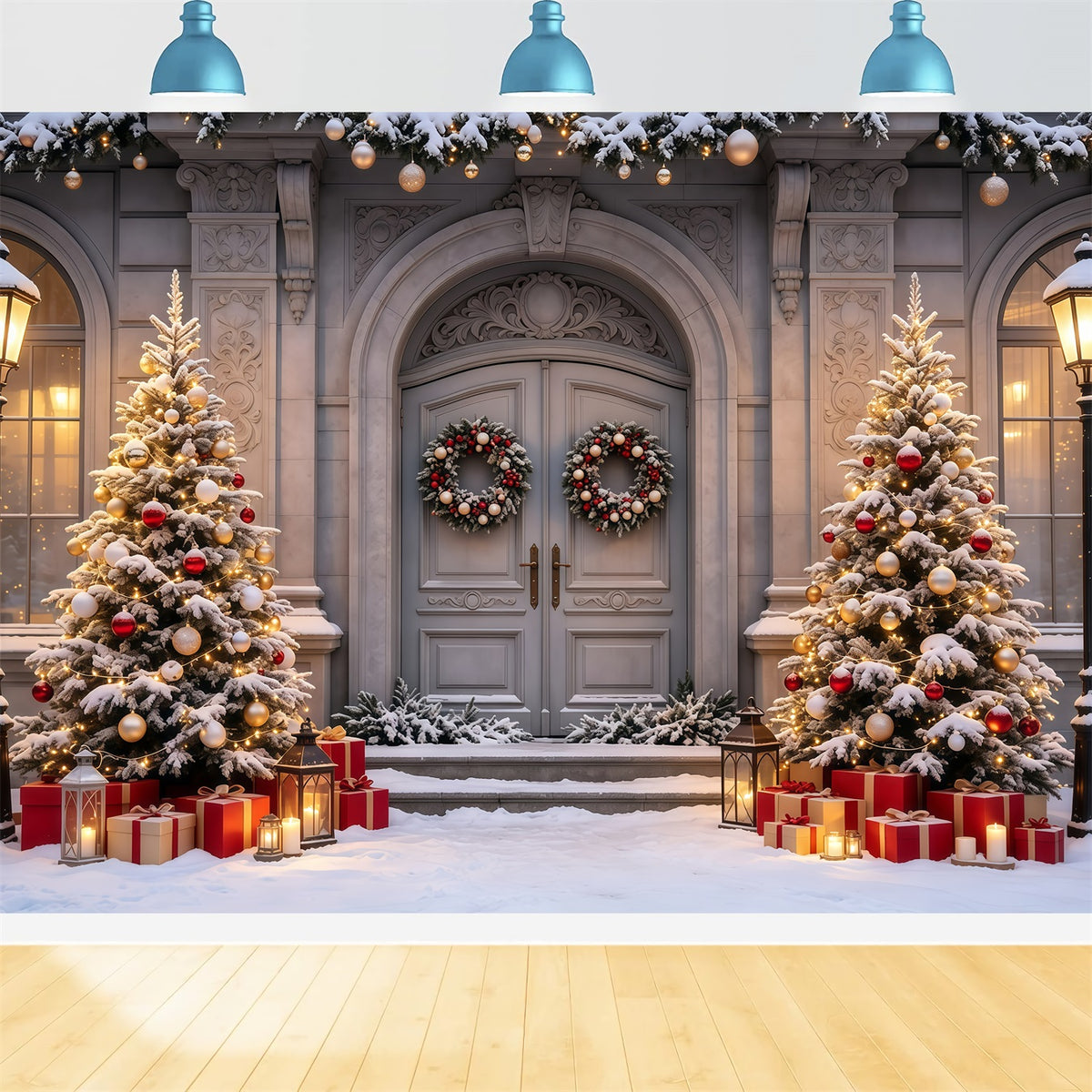 Christmas House Backdrop Snowy Mansion Doorway Trees Indoor Christmas Backdrop GQ68-61