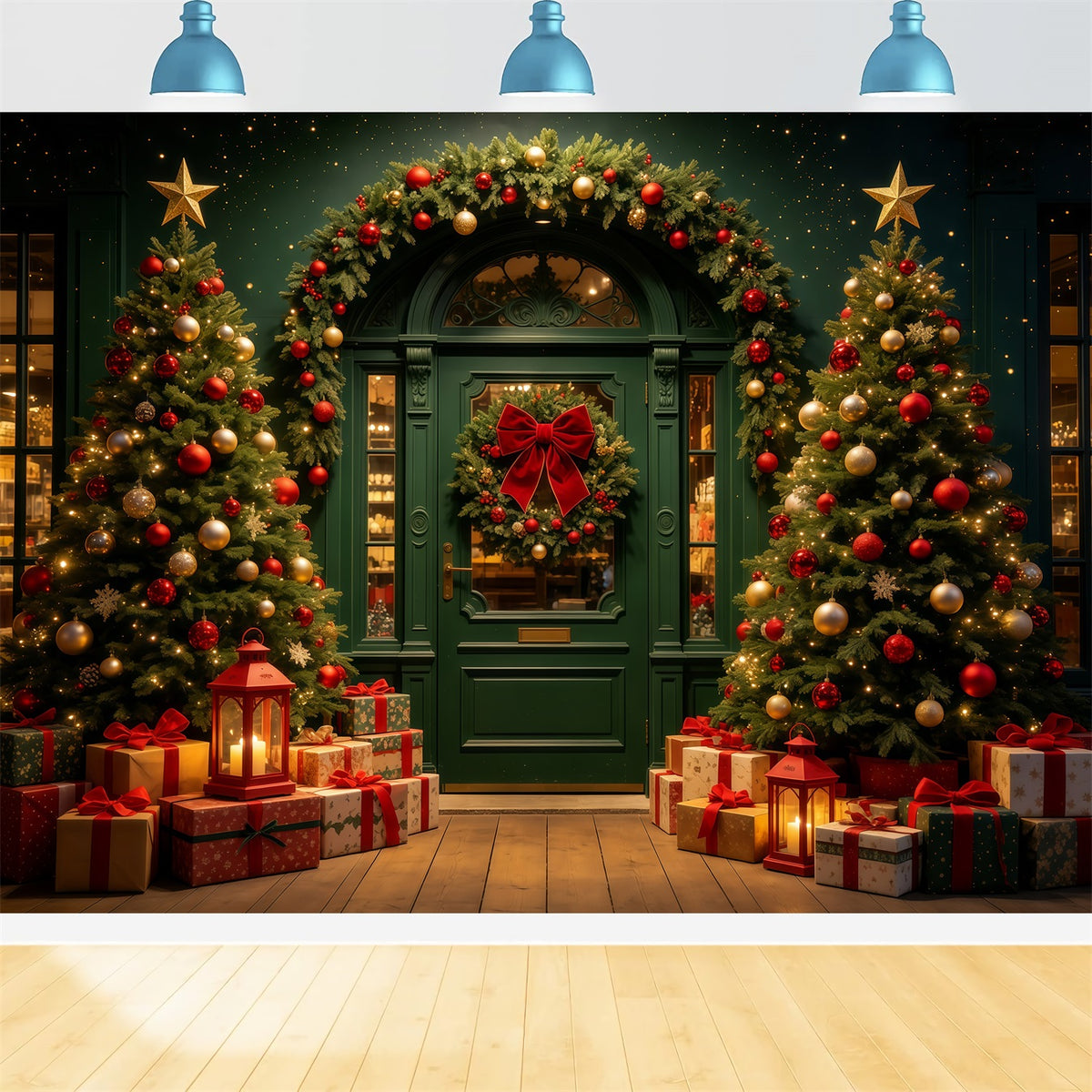 Christmas Shop Backdrop Dark Green Archway Lights Studio Backdrops Christmas GQ68-62