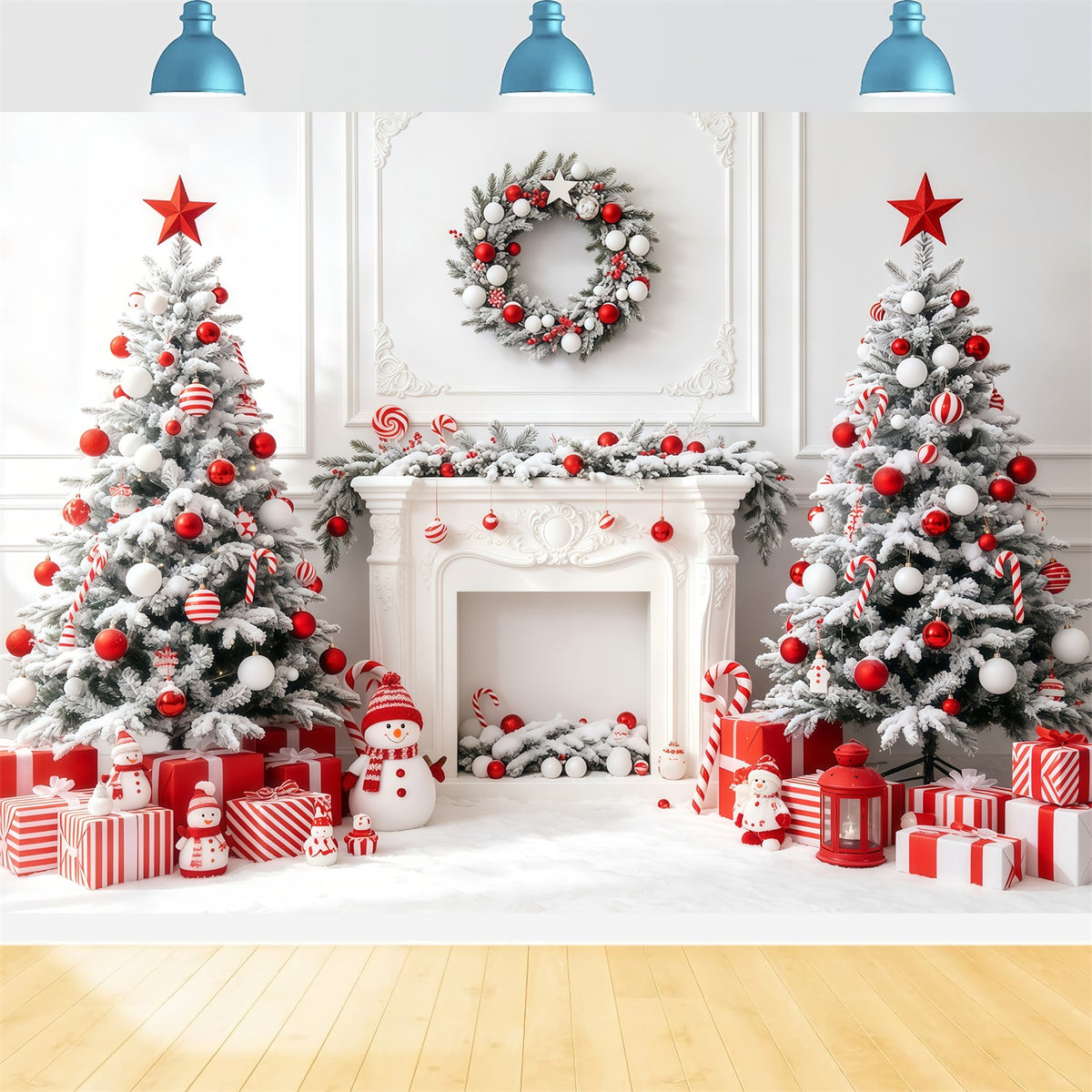 White Christmas Backdrop Candy Tree Fireplace Photo Christmas Backdrop GQ68-63