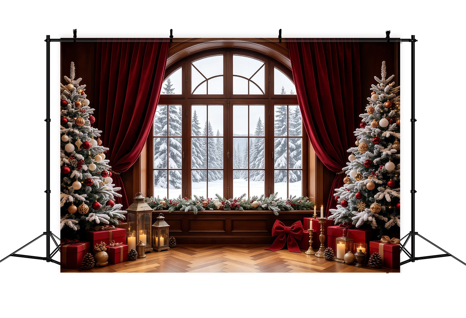 Christmas Window Backdrop Snowy View Curtain Trees Photo Christmas Backdrops GQ68-64