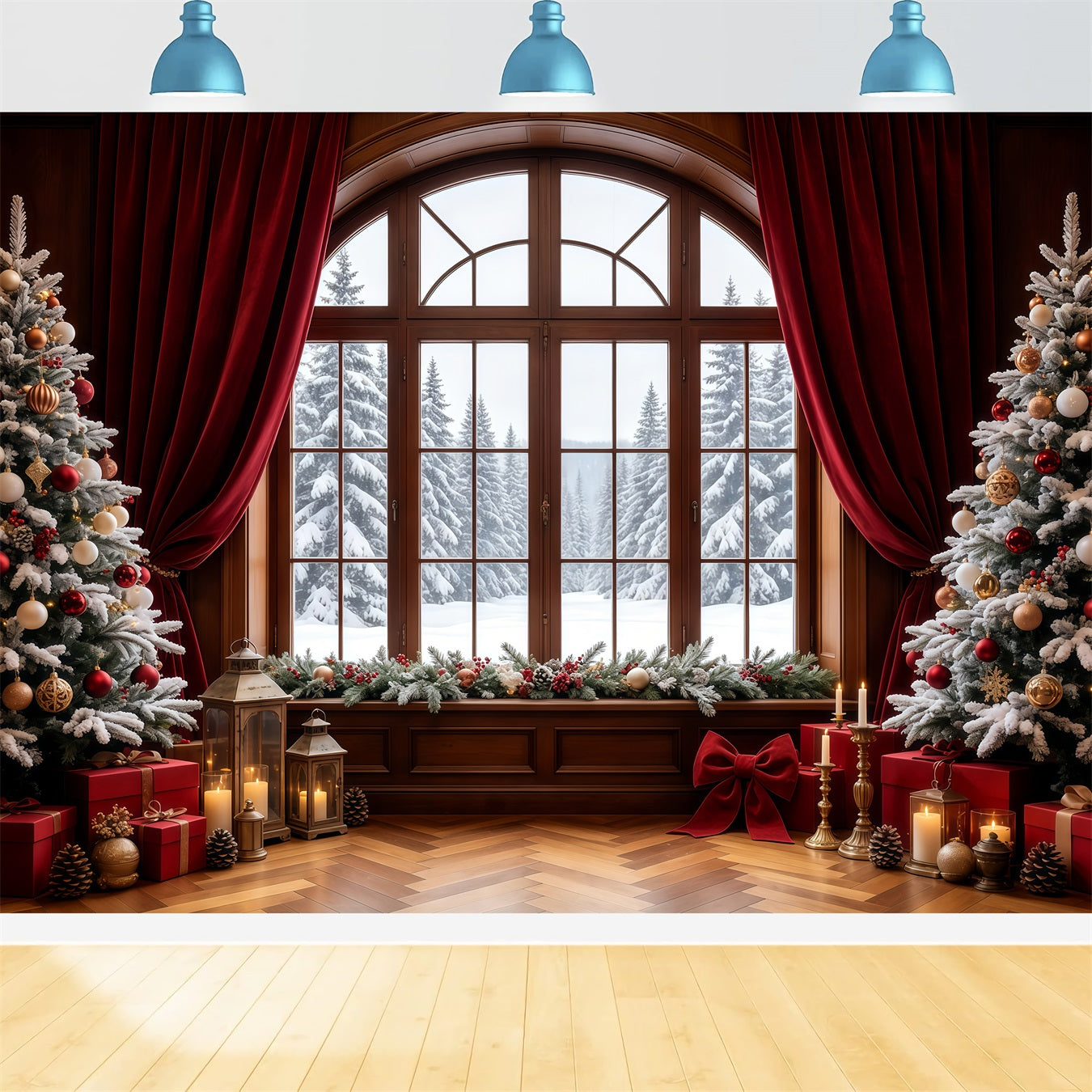 Christmas Window Backdrop Snowy View Curtain Trees Photo Christmas Backdrops GQ68-64