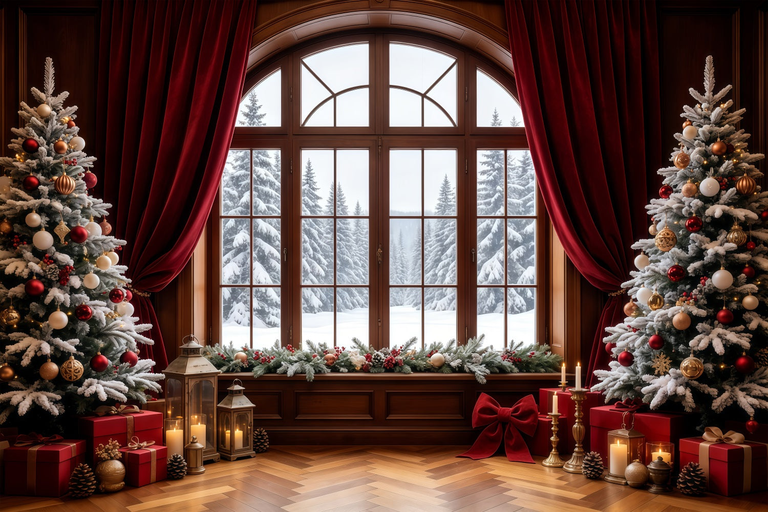 Christmas Window Backdrop Snowy View Curtain Trees Photo Christmas Backdrops GQ68-64