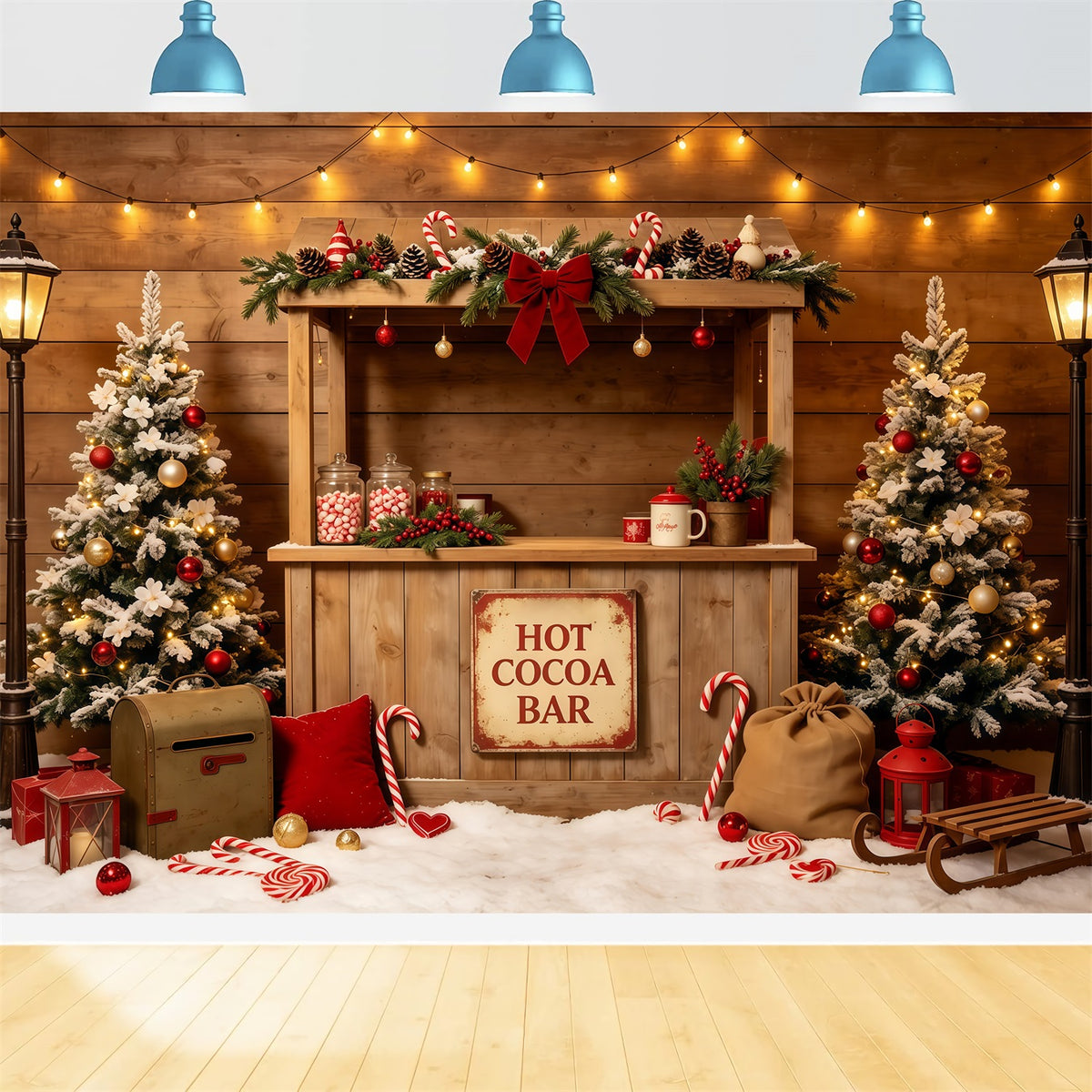 Christmas Party Backdrop Rustic Cocoa Bar Cabin Christmas Studio Backdrops GQ68-65