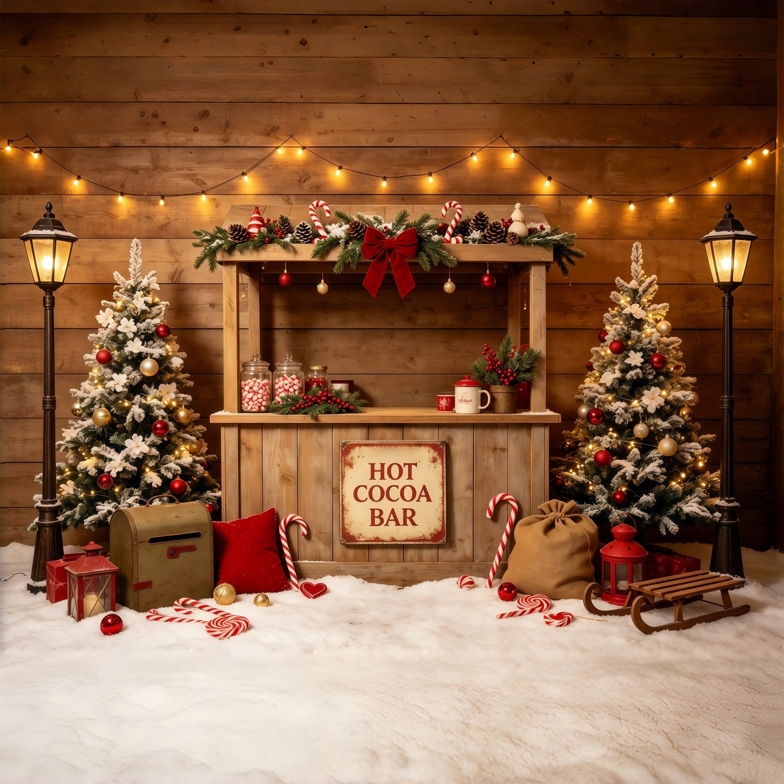 Christmas Party Backdrop Rustic Cocoa Bar Cabin Christmas Studio Backdrops GQ68-65