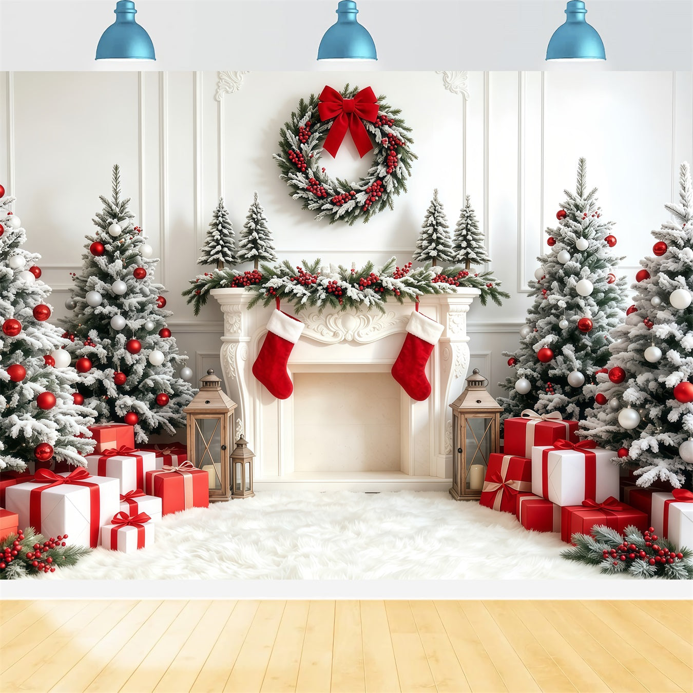 Christmas Tree Backdrop White Red Stocking Fireplace Studio Christmas Backdrops GQ68-67