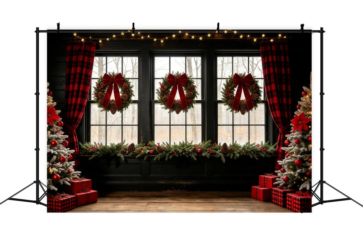 Christmas Window Backdrop Bow Wreath Rustic Curtain Wall Christmas Backdrop GQ68-68
