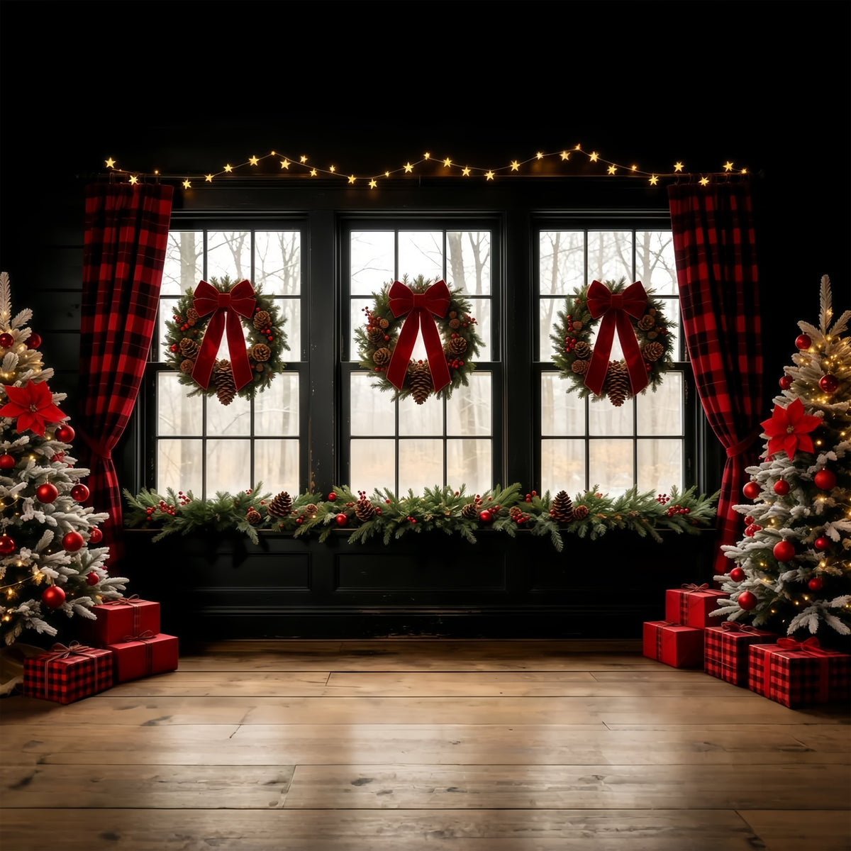 Christmas Window Backdrop Bow Wreath Rustic Curtain Wall Christmas Backdrop GQ68-68