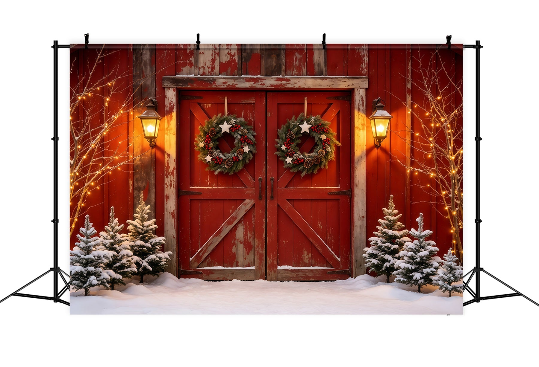 Barn Door Christmas Backdrop Rustic Red Door Lantern Christmas Muslin Backdrop GQ68-69