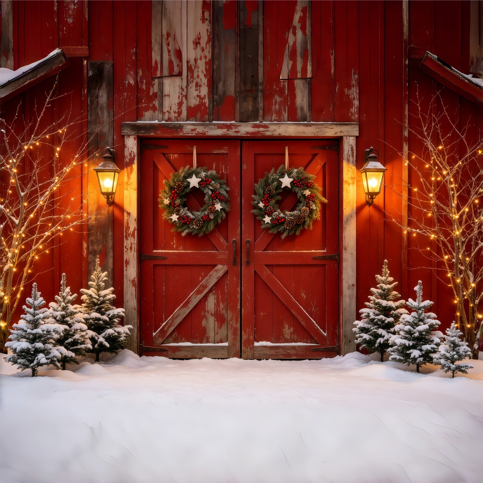 Barn Door Christmas Backdrop Rustic Red Door Lantern Christmas Muslin Backdrop GQ68-69