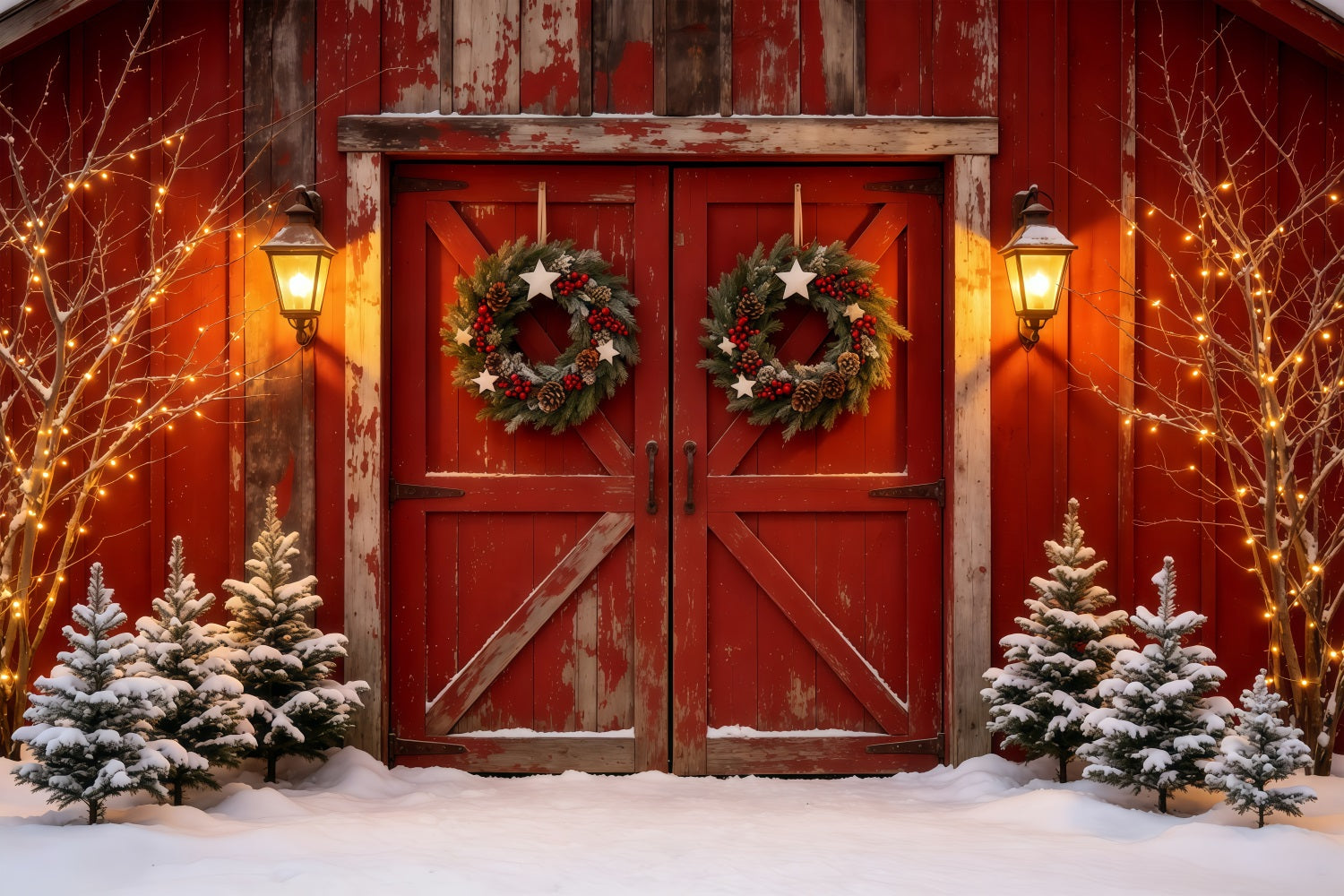 Barn Door Christmas Backdrop Rustic Red Door Lantern Christmas Muslin Backdrop GQ68-69