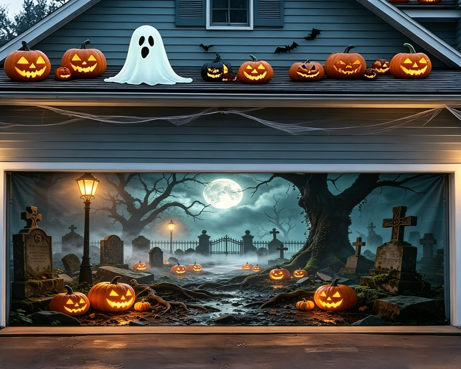 Graveyard Halloween Garage Door Cover Foggy Pumpkin Path Oversized Halloween Garage Door Decor GQ68-7-2 car