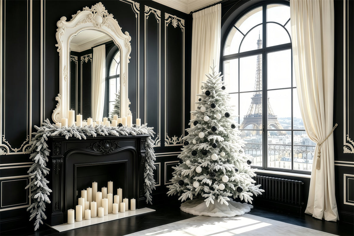 Black Christmas Backdrop Paris Window View Tree Christmas Indoor Backdrop GQ68-70