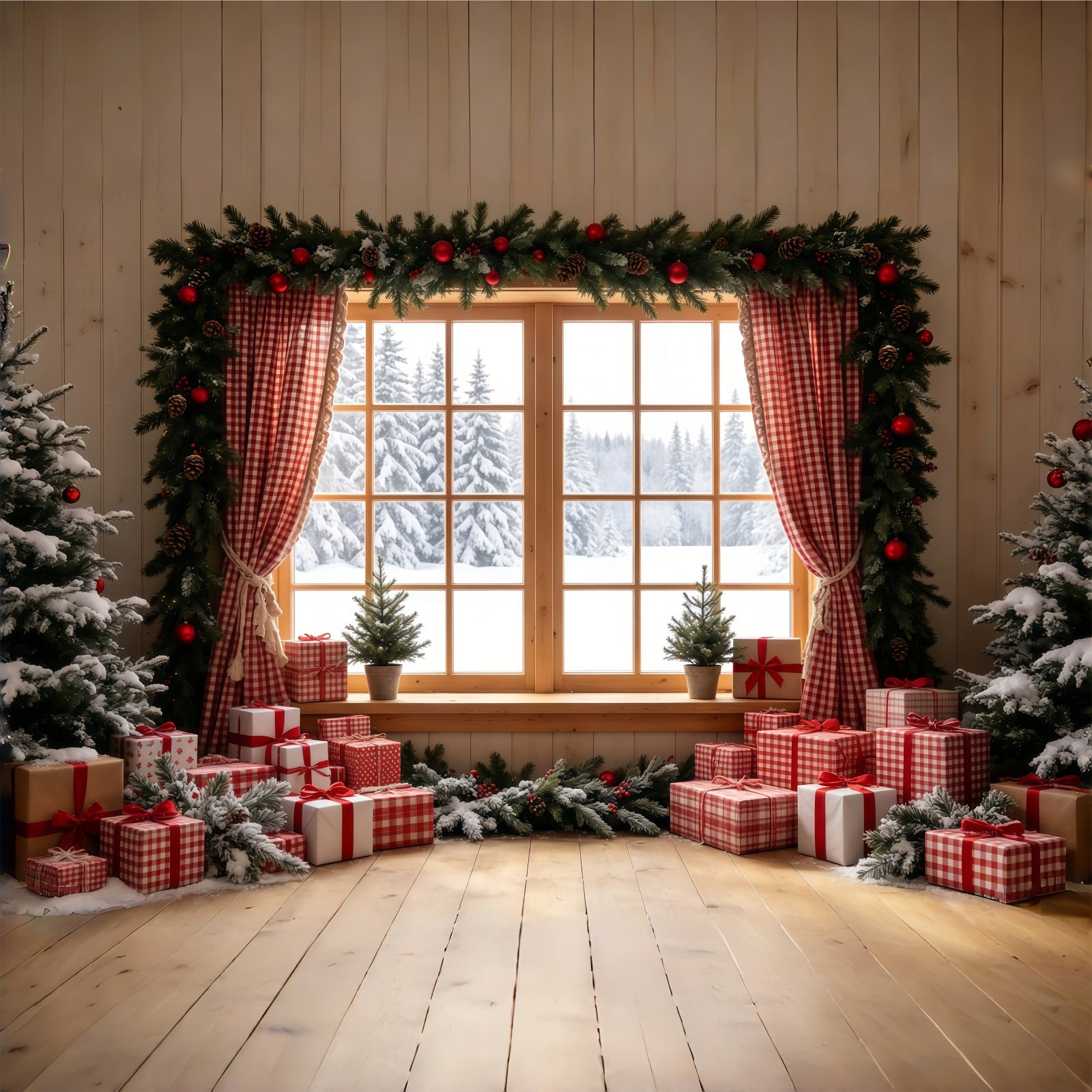 Rustic Christmas Backdrop Gingham Window Gift Display Indoor Christmas Backdrops GQ68-71