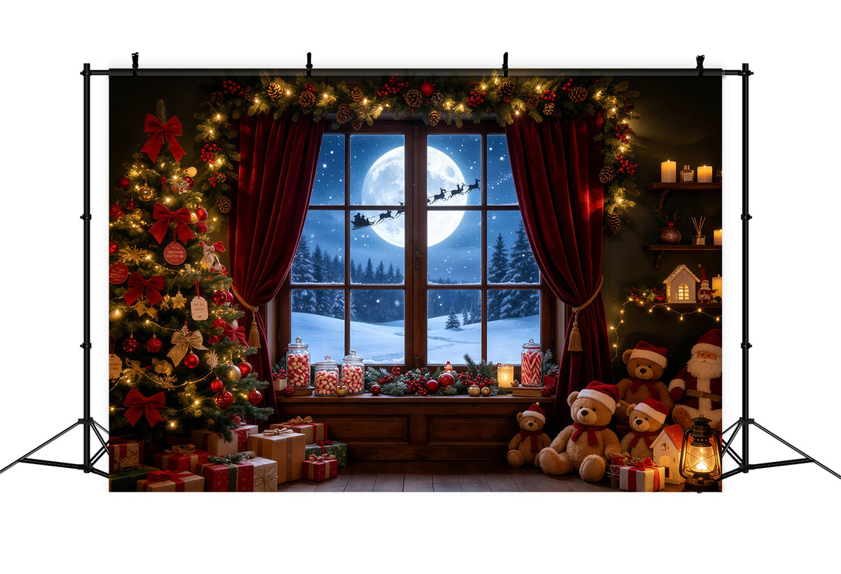 Christmas Night Backdrop Moonlit Window Teddy Room Professional Christmas Backdrop GQ68-72