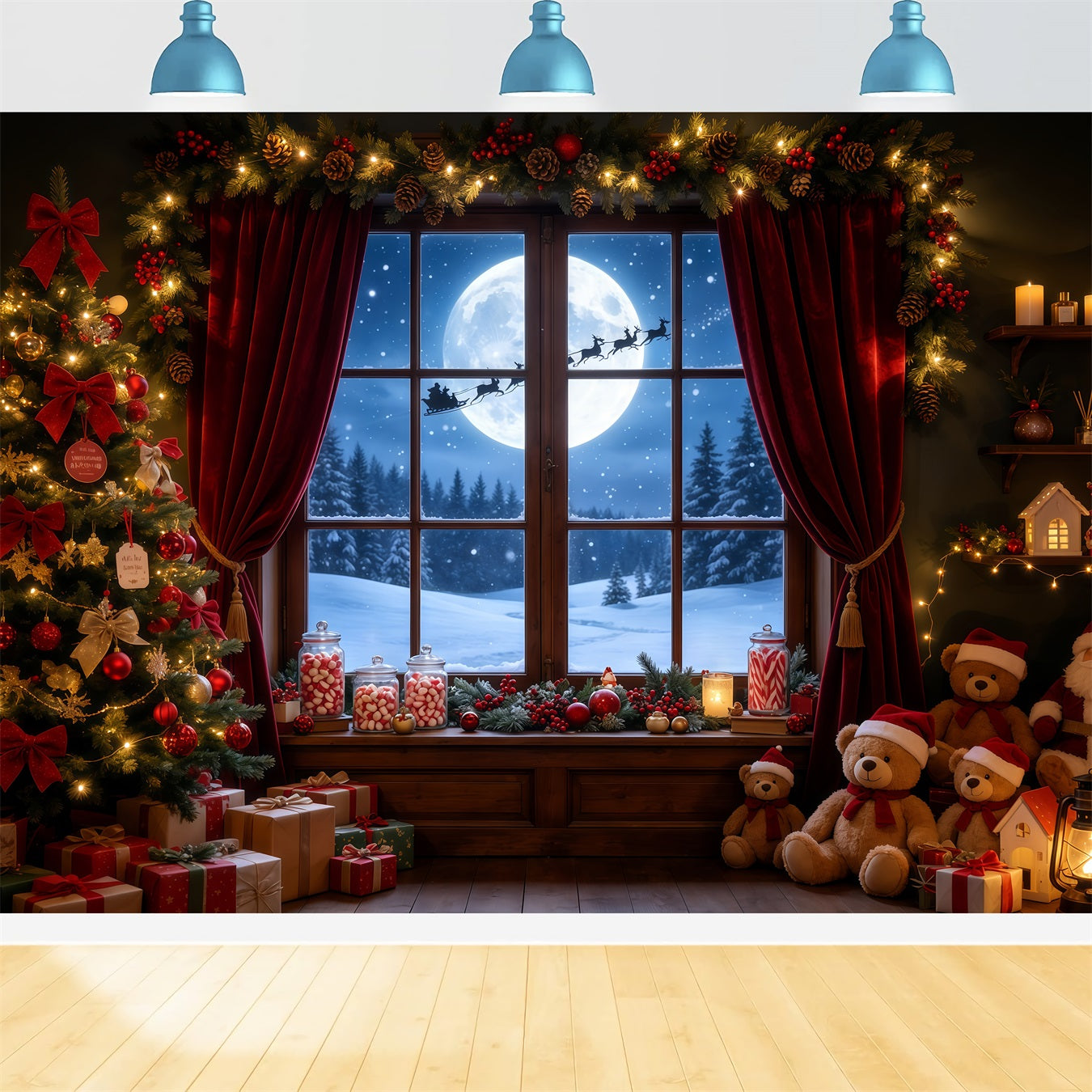 Christmas Night Backdrop Moonlit Window Teddy Room Professional Christmas Backdrop GQ68-72