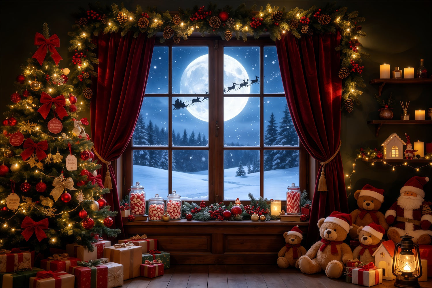 Christmas Night Backdrop Moonlit Window Teddy Room Professional Christmas Backdrop GQ68-72