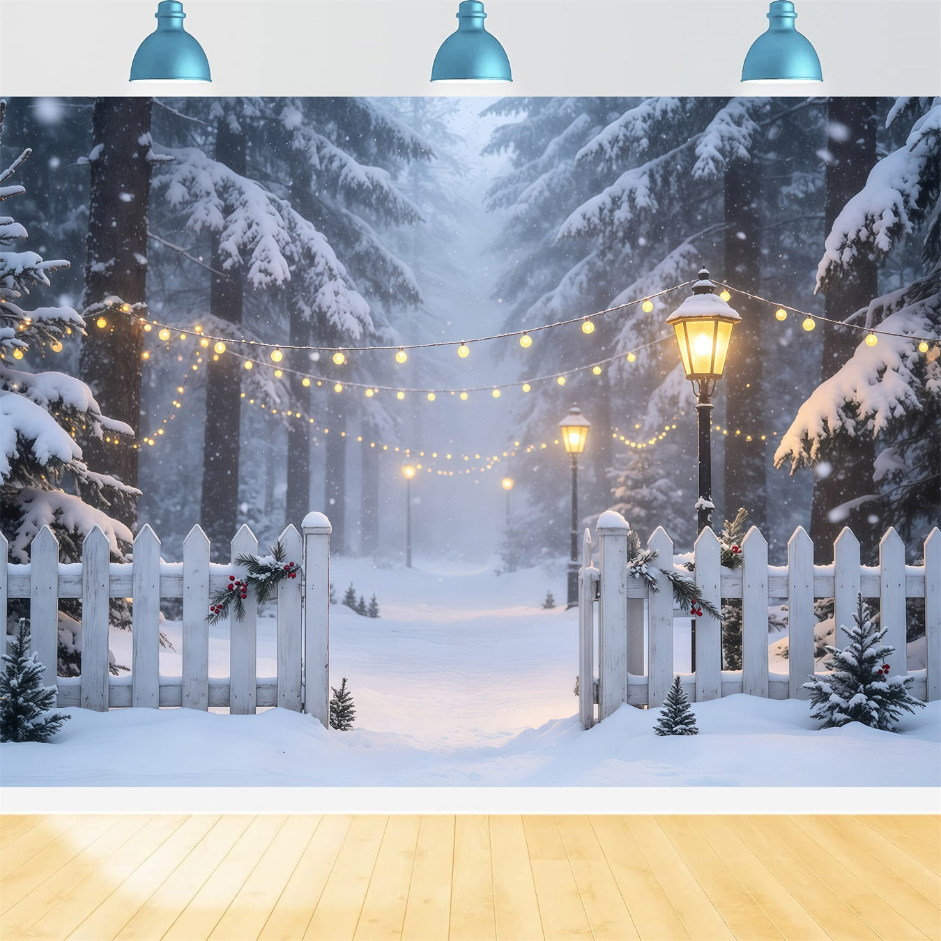 Winter Christmas Backdrop Snowy Forest Light Path Muslin Christmas Backdrop GQ68-74