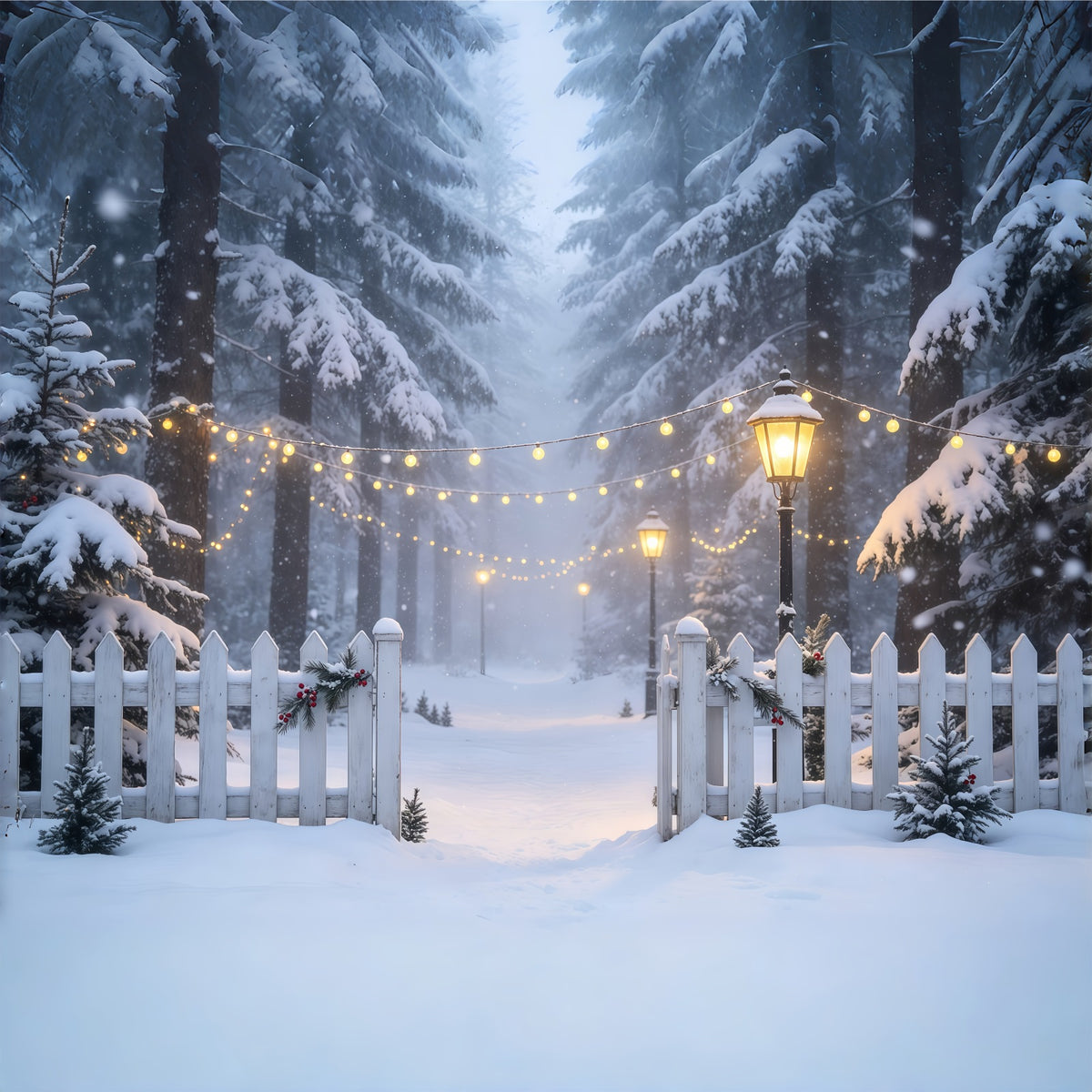 Winter Christmas Backdrop Snowy Forest Light Path Muslin Christmas Backdrop GQ68-74