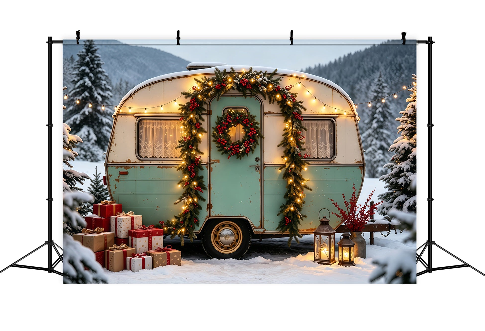 Christmas Camper Backdrop Vintage Truck Forest Photographic Backdrops Christmas GQ68-76