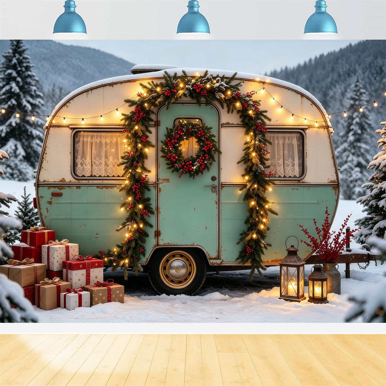 Christmas Camper Backdrop Vintage Truck Forest Photographic Backdrops Christmas GQ68-76