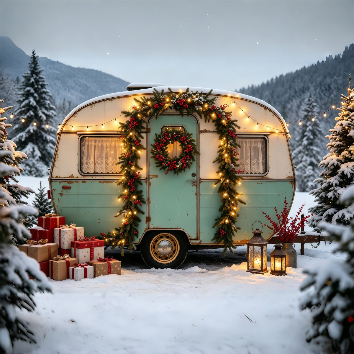 Christmas Camper Backdrop Vintage Truck Forest Photographic Backdrops Christmas GQ68-76