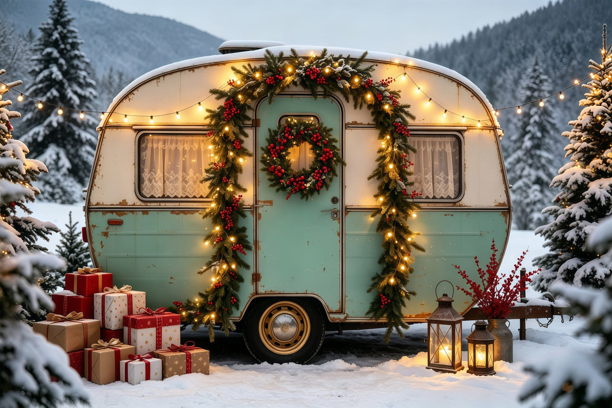 Christmas Camper Backdrop Vintage Truck Forest Photographic Backdrops Christmas GQ68-76