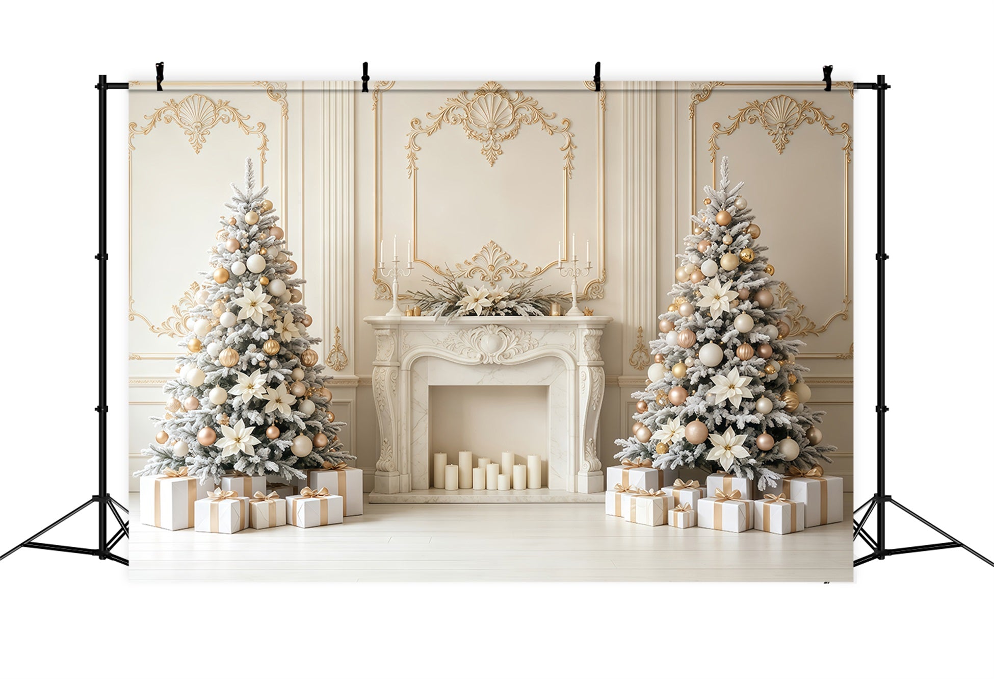 Christmas Wall Backdrop Ivory Gold Fireplace Elegance Christmas Backdrop GQ68-78