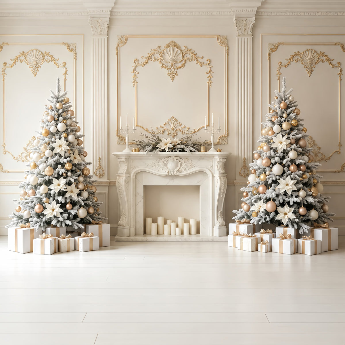 Christmas Wall Backdrop Ivory Gold Fireplace Elegance Christmas Backdrop GQ68-78
