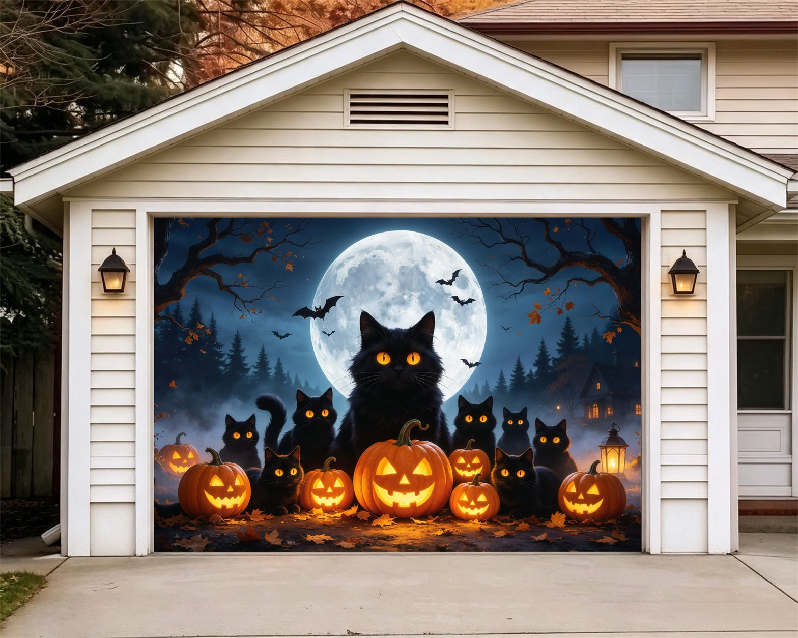 Black Cat Halloween Garage Door Cover Moonlit Pumpkin Lanterns Outdoor Halloween Garage Door Cover GQ68-8-1 car