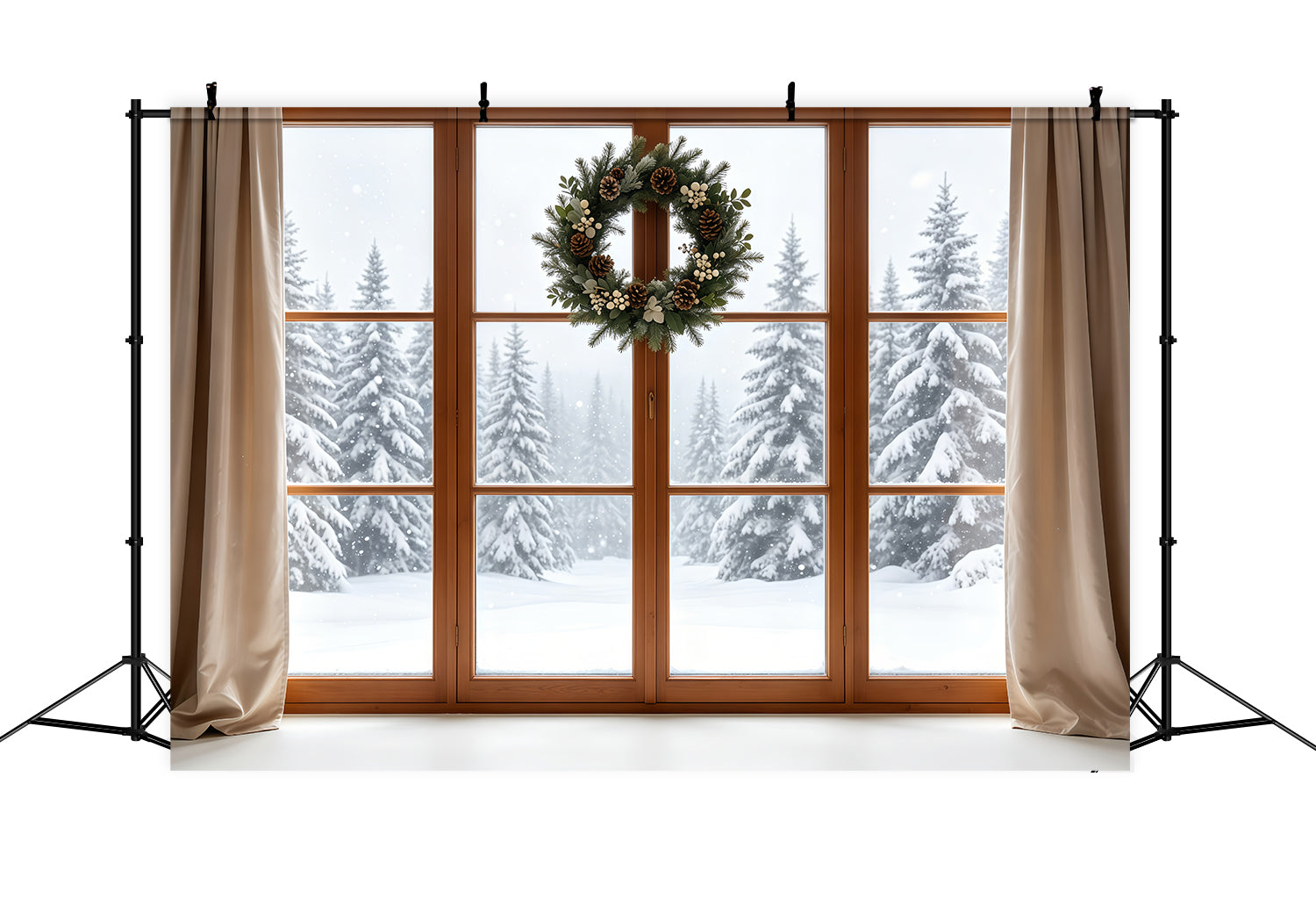 Christmas Window Backdrop Rustic Wreath Snowy Forest Christmas Photo Backdrop GQ68-80