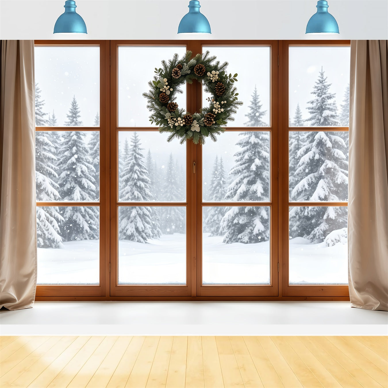 Christmas Window Backdrop Rustic Wreath Snowy Forest Christmas Photo Backdrop GQ68-80
