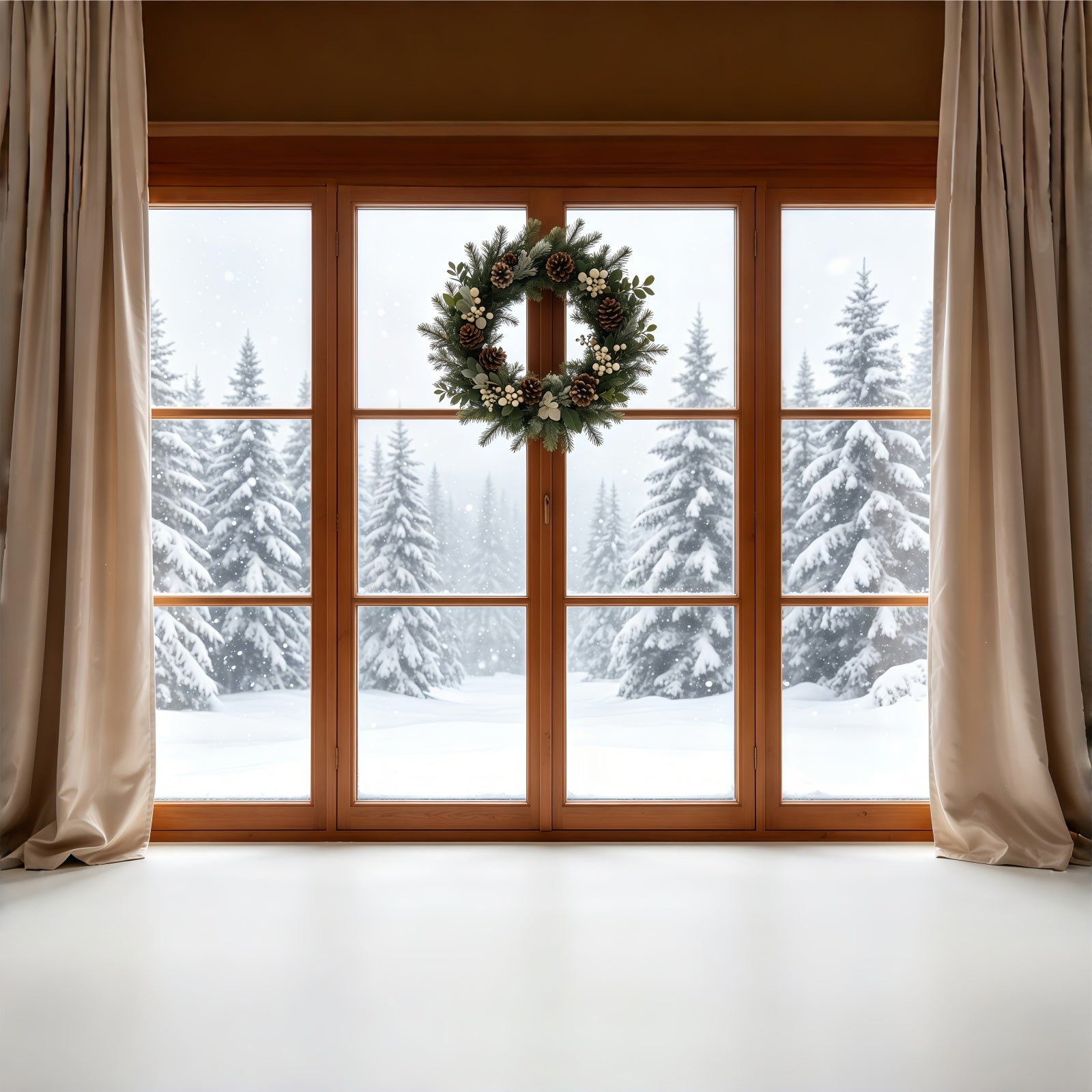 Christmas Window Backdrop Rustic Wreath Snowy Forest Christmas Photo Backdrop GQ68-80