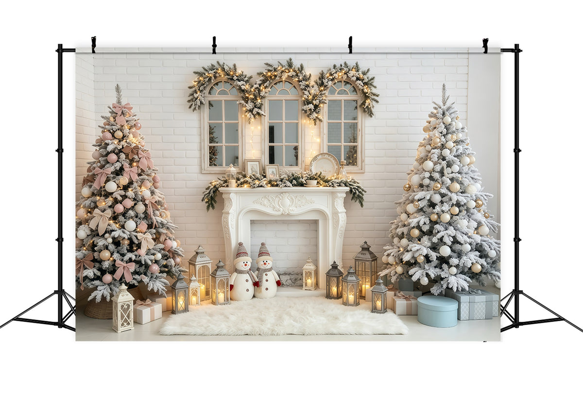 Christmas Scene Backdrop White Brick Fireplace Lanterns Christmas Photo Backdrops GQ68-81