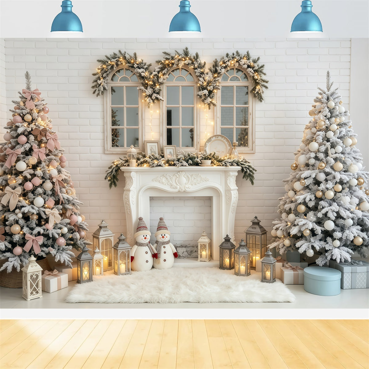 Christmas Scene Backdrop White Brick Fireplace Lanterns Christmas Photo Backdrops GQ68-81